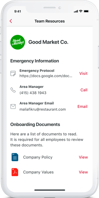 Phone showing team resources page and important information
