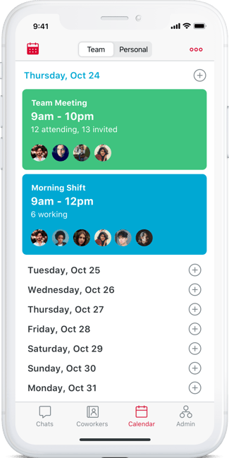 Phone showing a calendar with team meetings rectangle in green